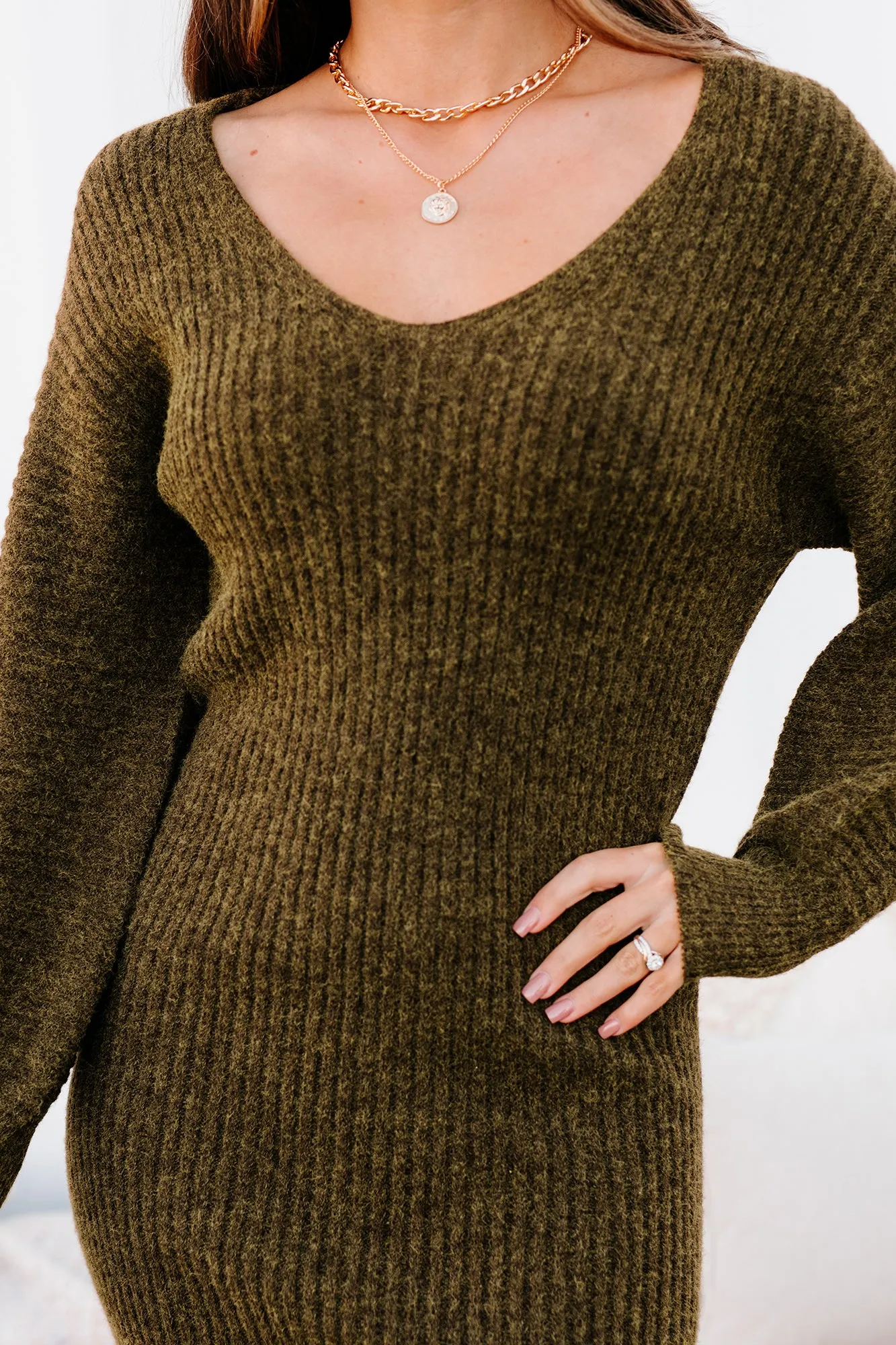 Touch Of Warmth V-Neck Sweater Dress (Brunette)