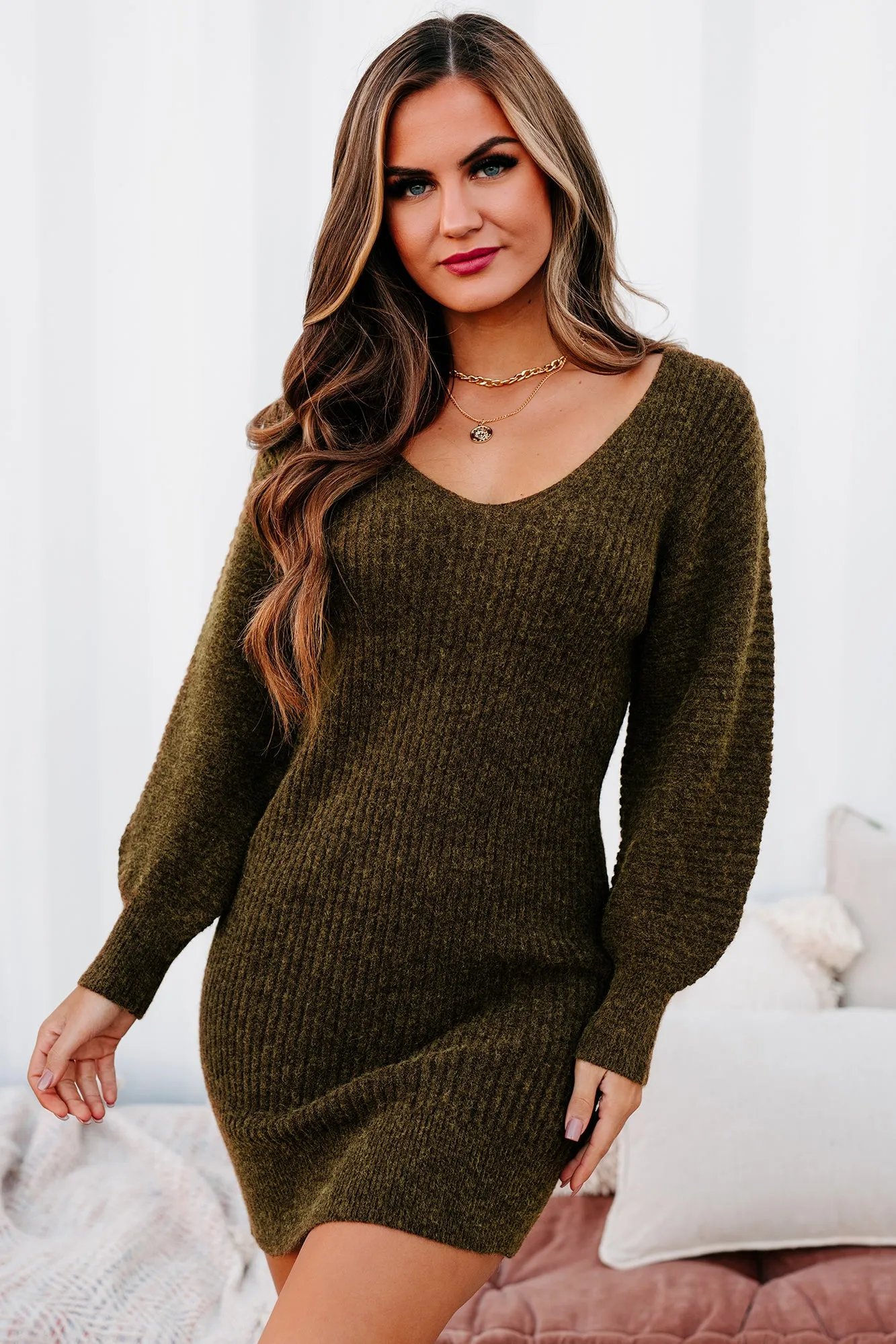 Touch Of Warmth V-Neck Sweater Dress (Brunette)