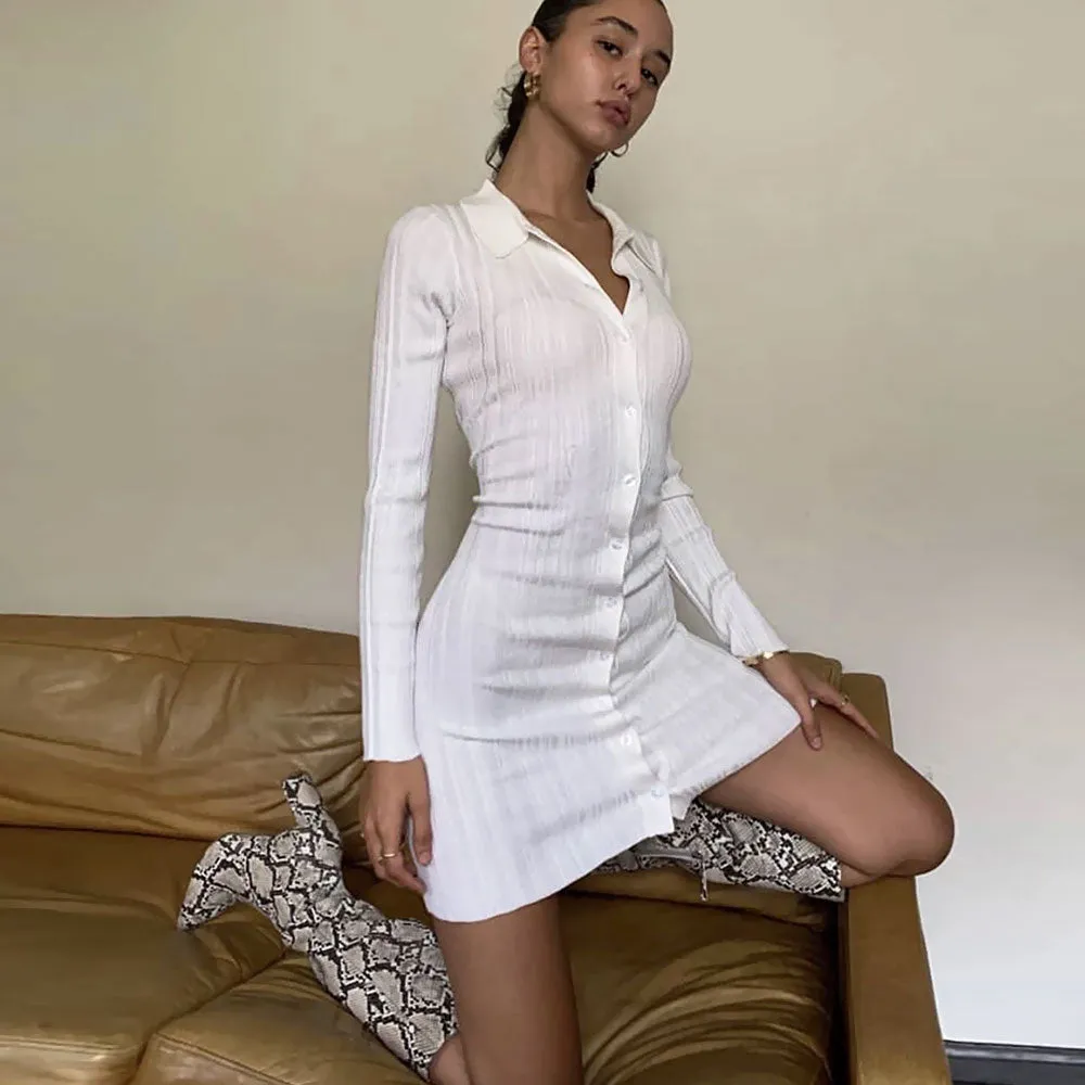 Trendy Folded Collar Button Down White Fitted Rib Knit Mini Dress