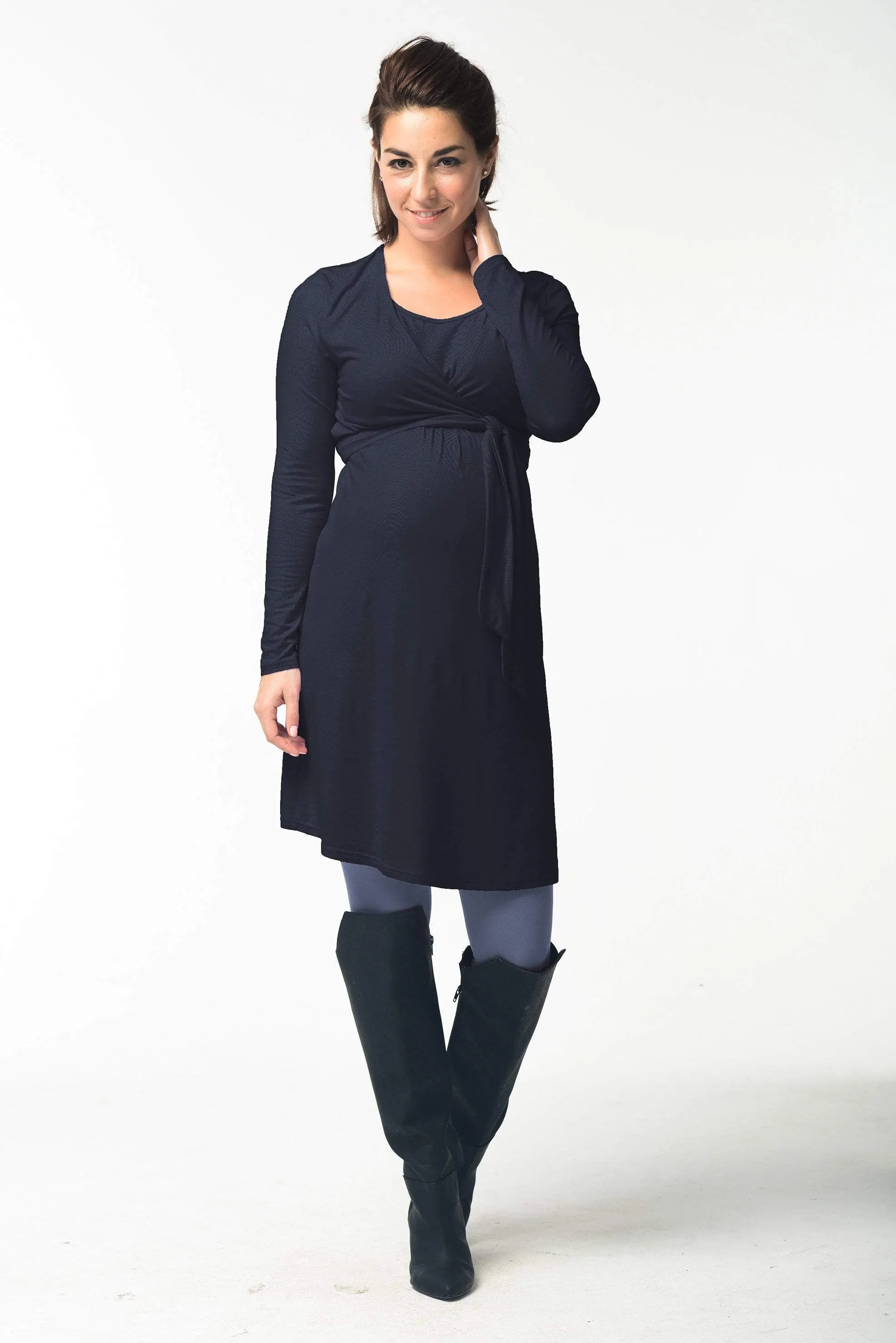 Virginia Tie Up Long Sleeve Bamboo Cotton Nursing Dress Charcoal