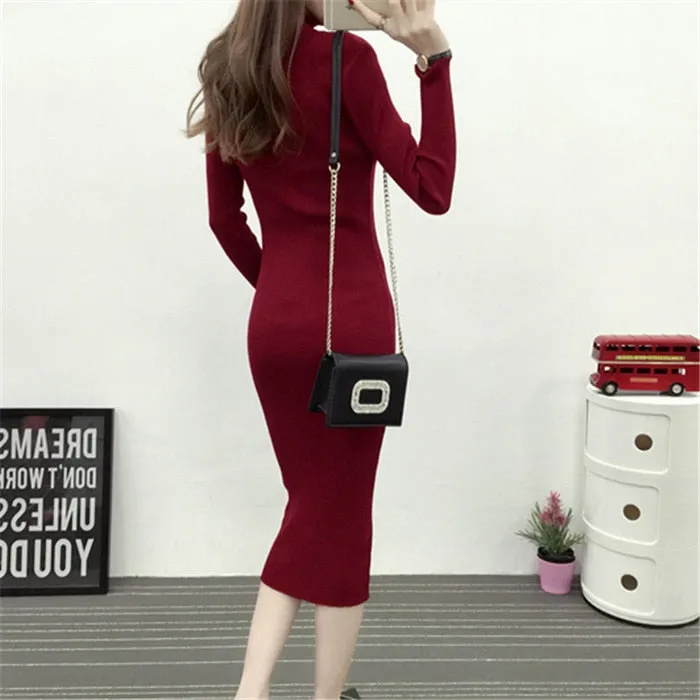 Women Knitted Dress Turtleneck Sweater Dresses Bodycon Long Sleeve Bottoming Dress Vestidos