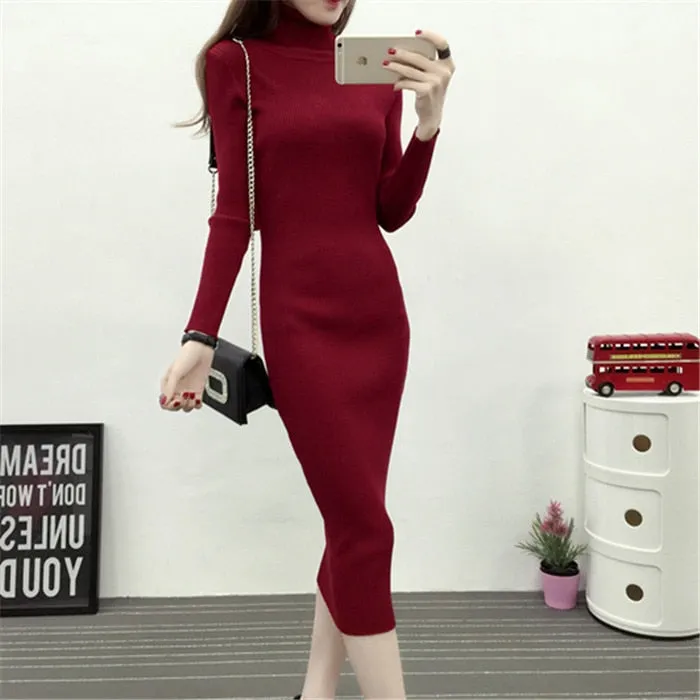 Women Knitted Dress Turtleneck Sweater Dresses Bodycon Long Sleeve Bottoming Dress Vestidos