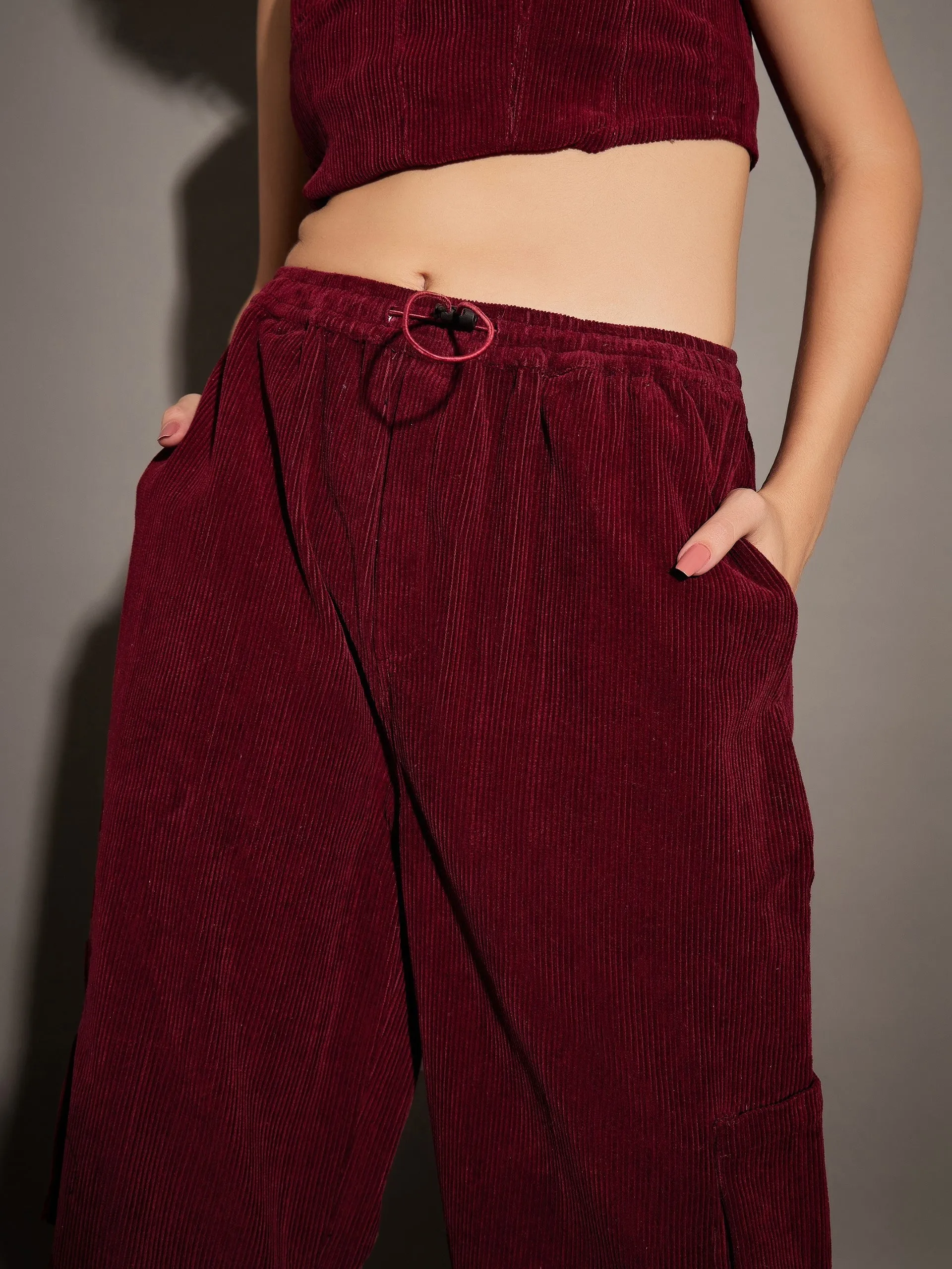 Women Maroon Pleated Knee Corduroy Cargo Pants