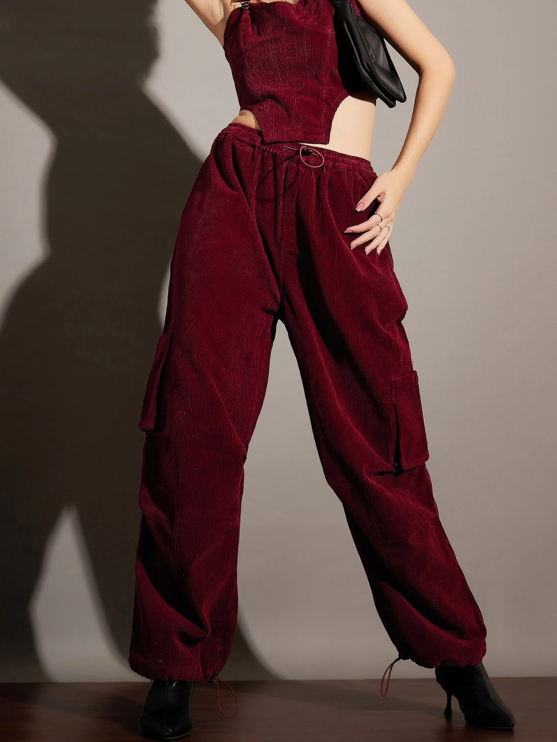 Women Maroon Pleated Knee Corduroy Cargo Pants