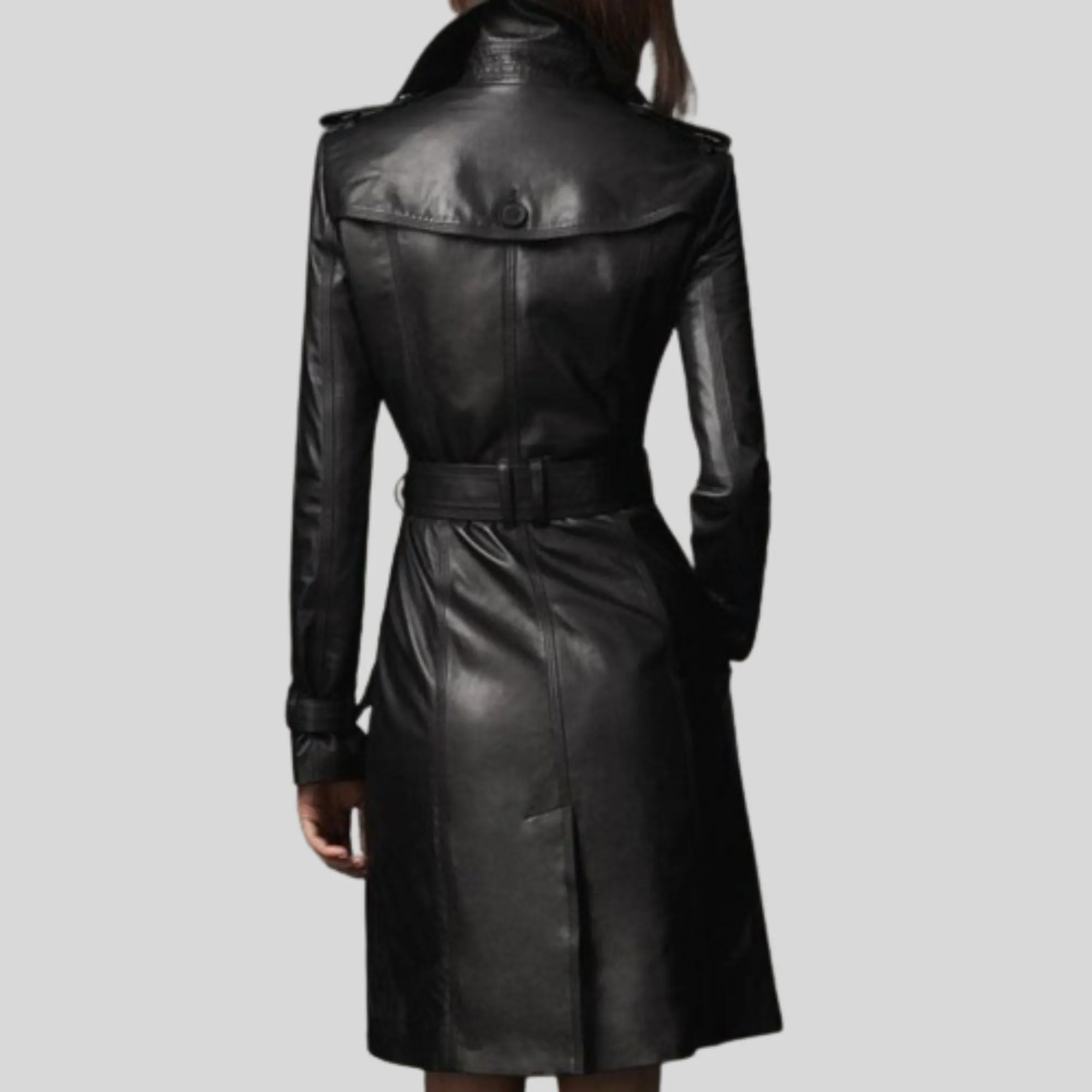 Women Slim Fit Black Double Breasted Trench Leather Coat