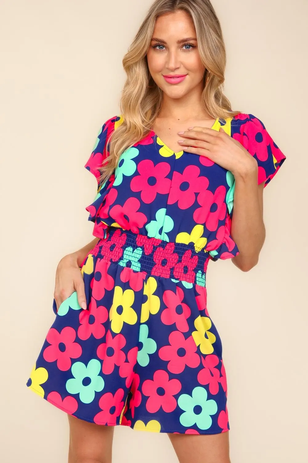 Women's Haptics Floral Smocked Waist Romper with Side Pockets