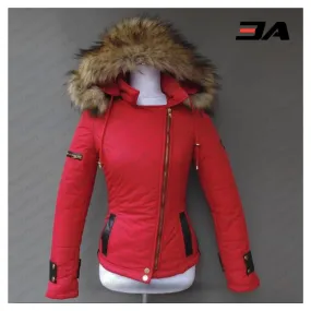 Women's Leather And Fur Down Jacket Red