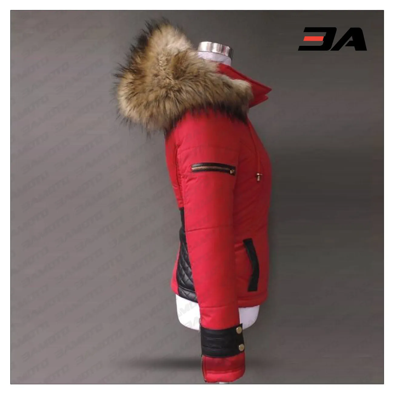 Women's Leather And Fur Down Jacket Red