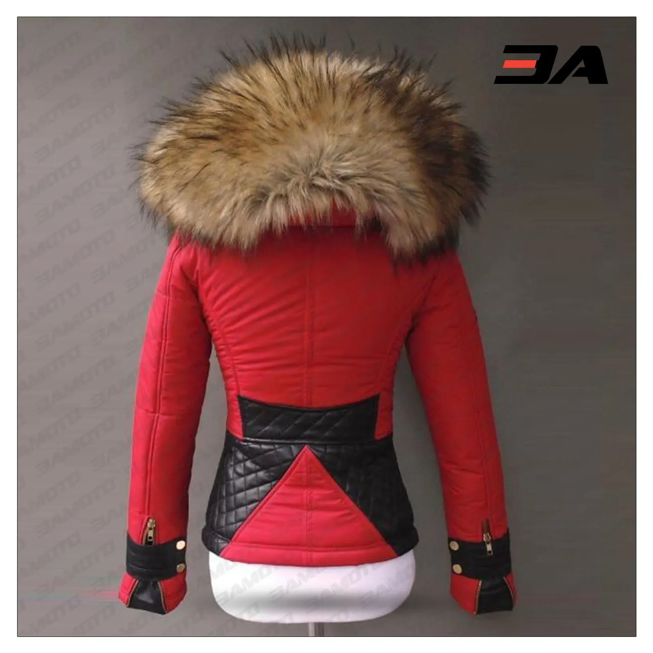 Women's Leather And Fur Down Jacket Red