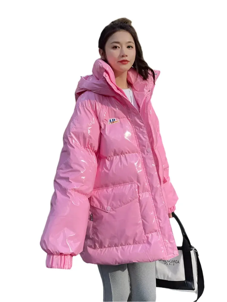 Women's Thickened Hooded Winter Parka – High-Quality Warm Down Cotton Puffer Jacket, Windproof Korean Style Outerwear in Pink