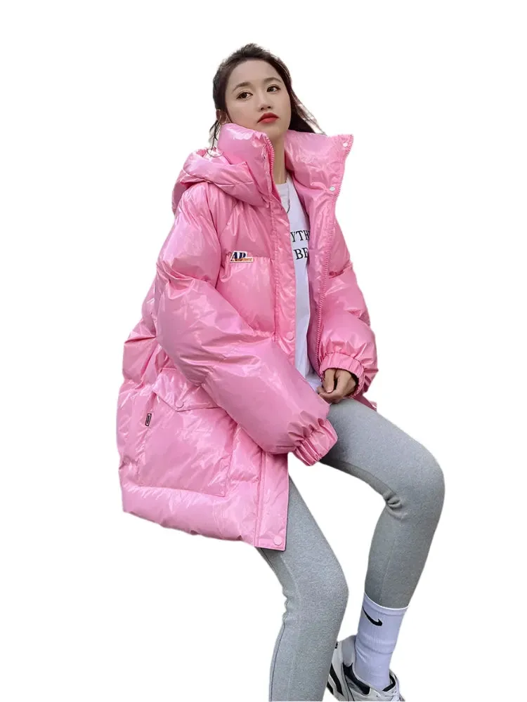 Women's Thickened Hooded Winter Parka – High-Quality Warm Down Cotton Puffer Jacket, Windproof Korean Style Outerwear in Pink